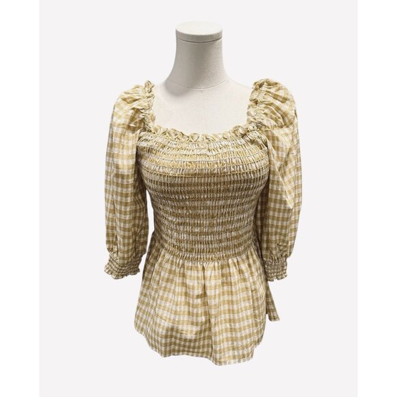 NWT Max Studio Womens Large Smocked Yellow Gold Gingham Puff Sleeve Peplum Top - Picture 2 of 12